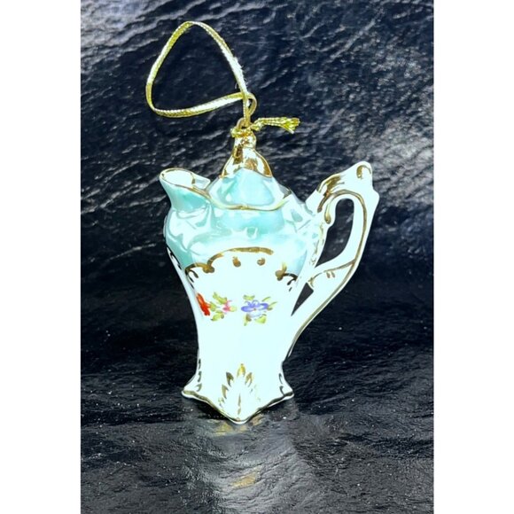 Porcelain Teapot Ornament Floral Details & Gold Trim W/ Hanger Cracker Barrel - Picture 1 of 5